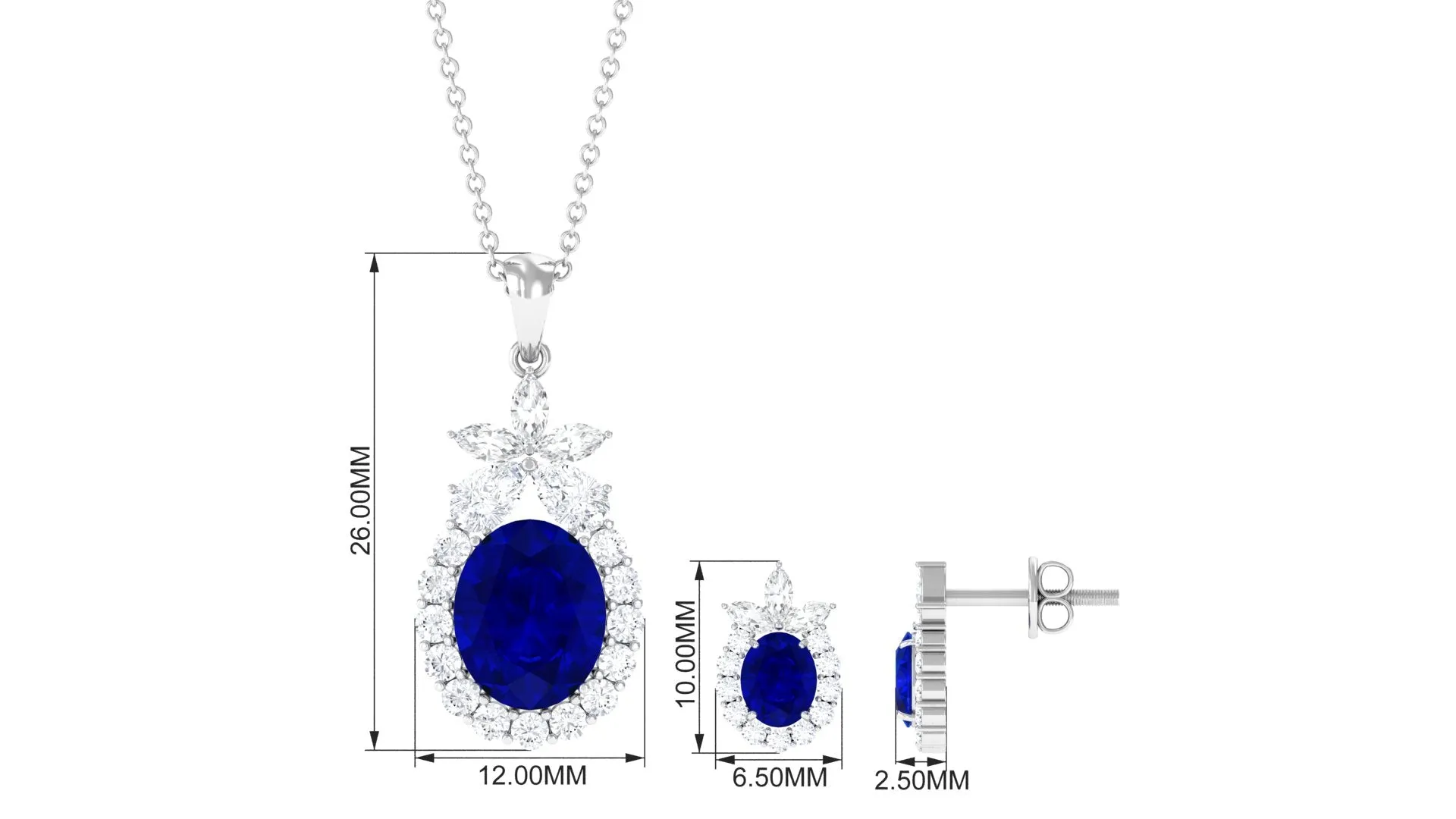 Oval Created Blue Sapphire Designer Flower Jewelry Set with Moissanite