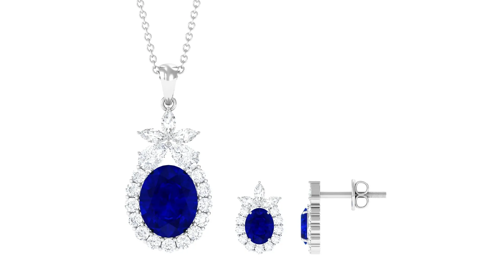 Oval Created Blue Sapphire Designer Flower Jewelry Set with Moissanite