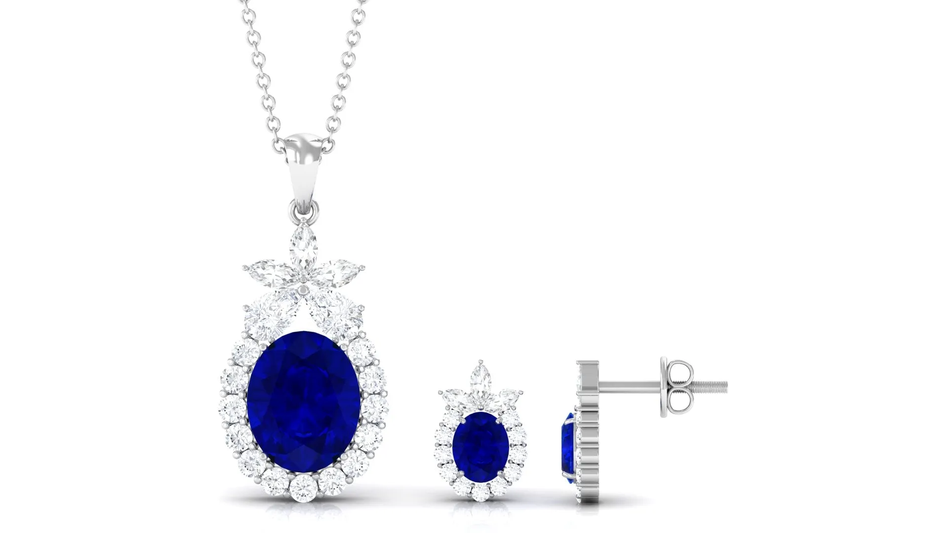 Oval Created Blue Sapphire Designer Flower Jewelry Set with Moissanite