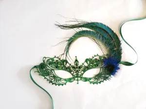 Peacock Lace Mask With Rhinestones - Green