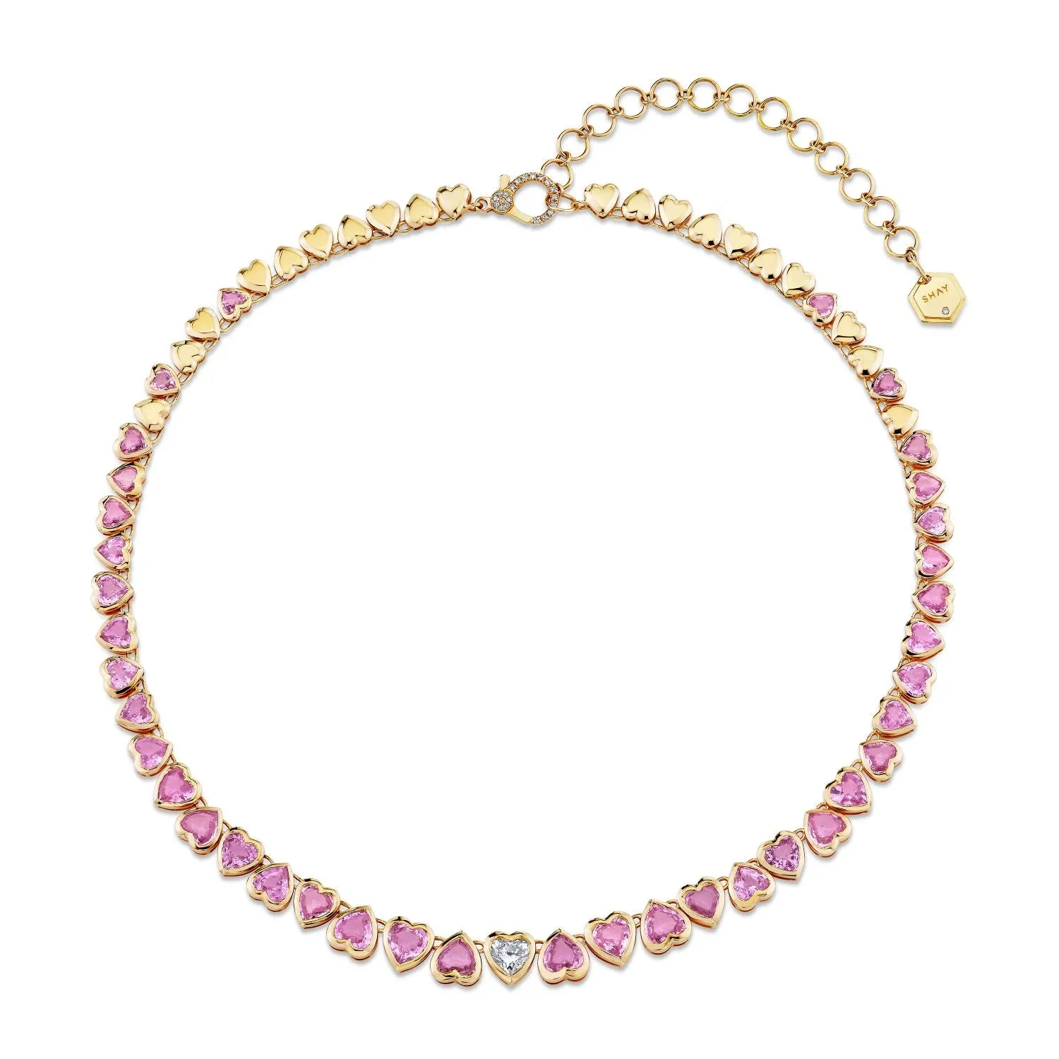 PINK SAPPHIRE & DIAMOND HEART BEZEL TENNIS NECKLACE