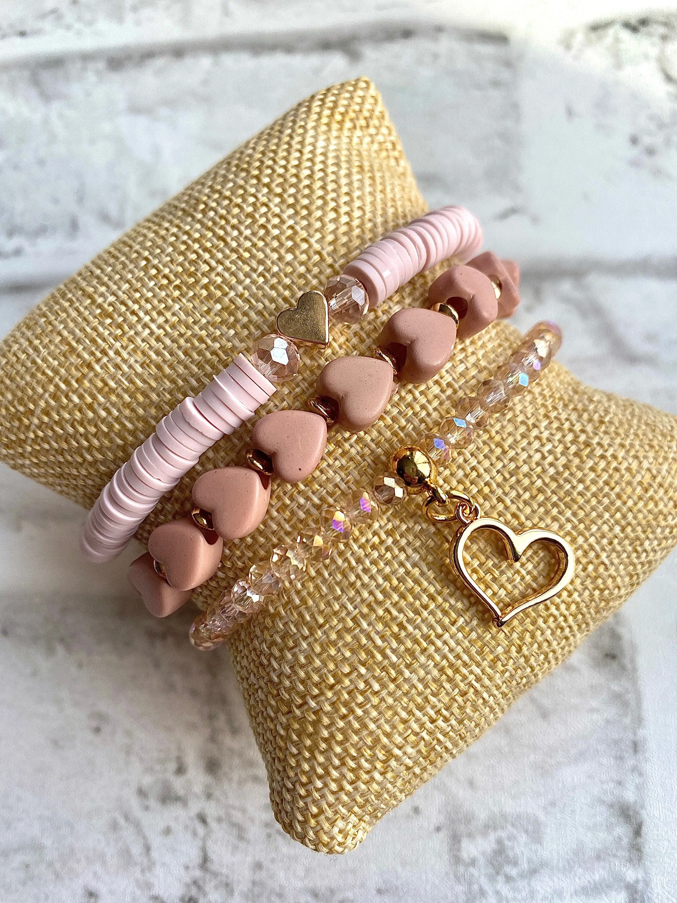 Pink Stacking Bracelets/Stretch Bracelets/Layering Bracelets/Pink and Gold Jewelry/Heart Jewelry