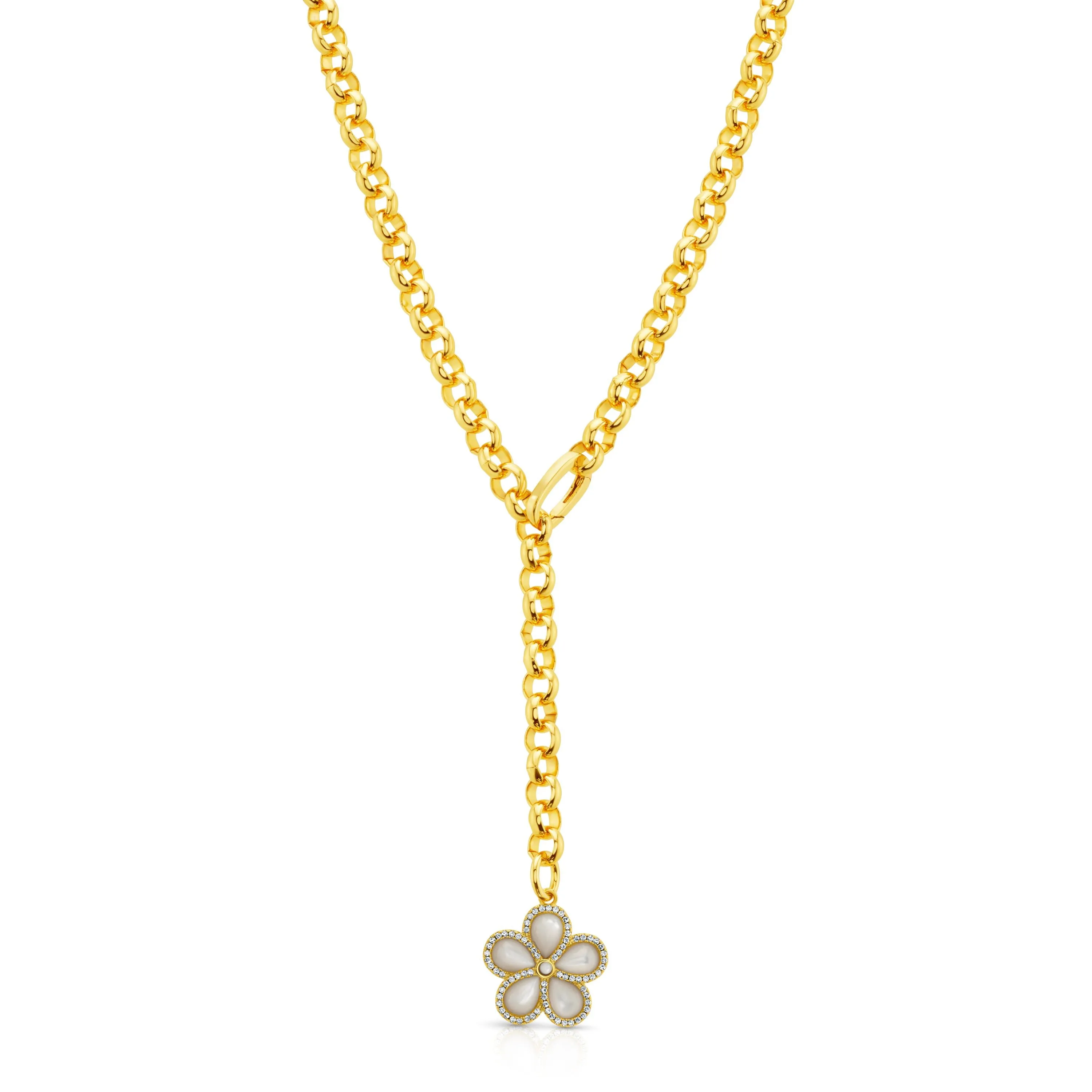 PRECIOUS FLOWER LARIAT CHAIN NECKLACE, GOLD