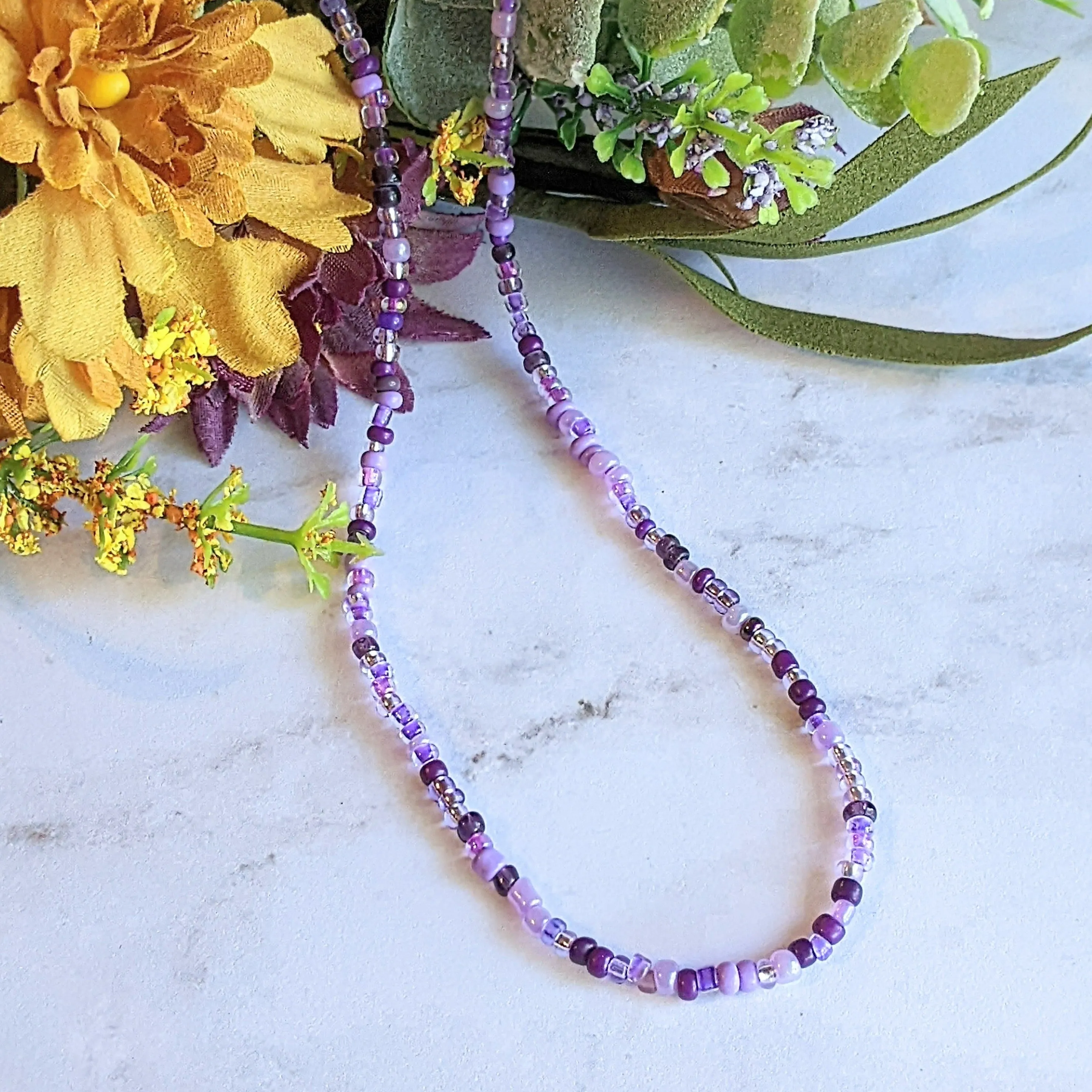 Purple Beaded Choker Necklace - 16 inch