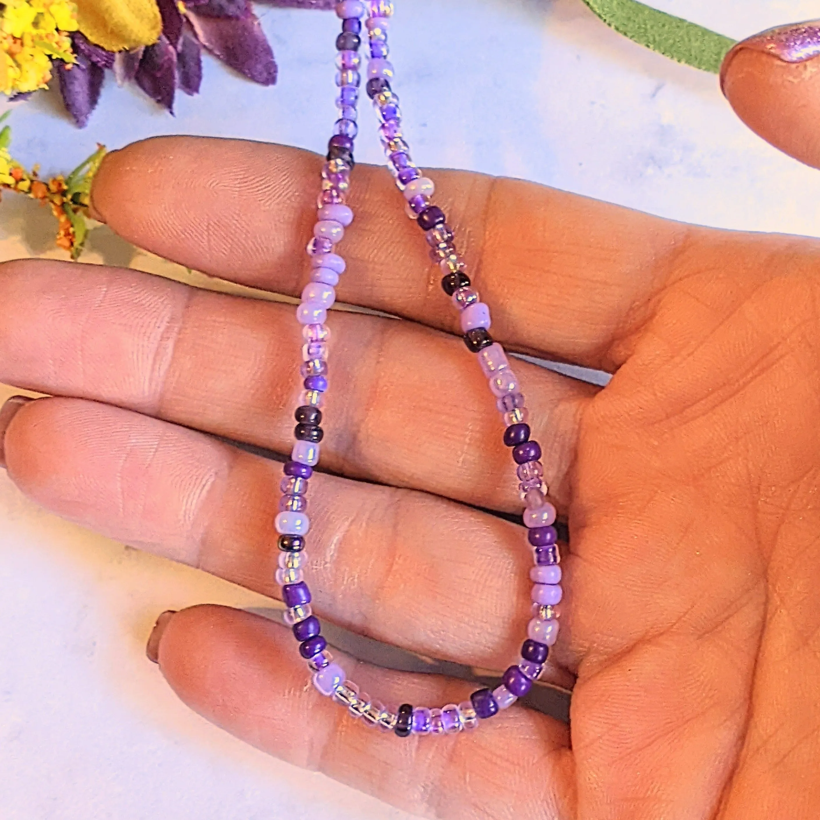 Purple Beaded Choker Necklace - 16 inch