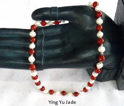 Red Jade and Lustrous Pearls Necklace   Pearl Earrings