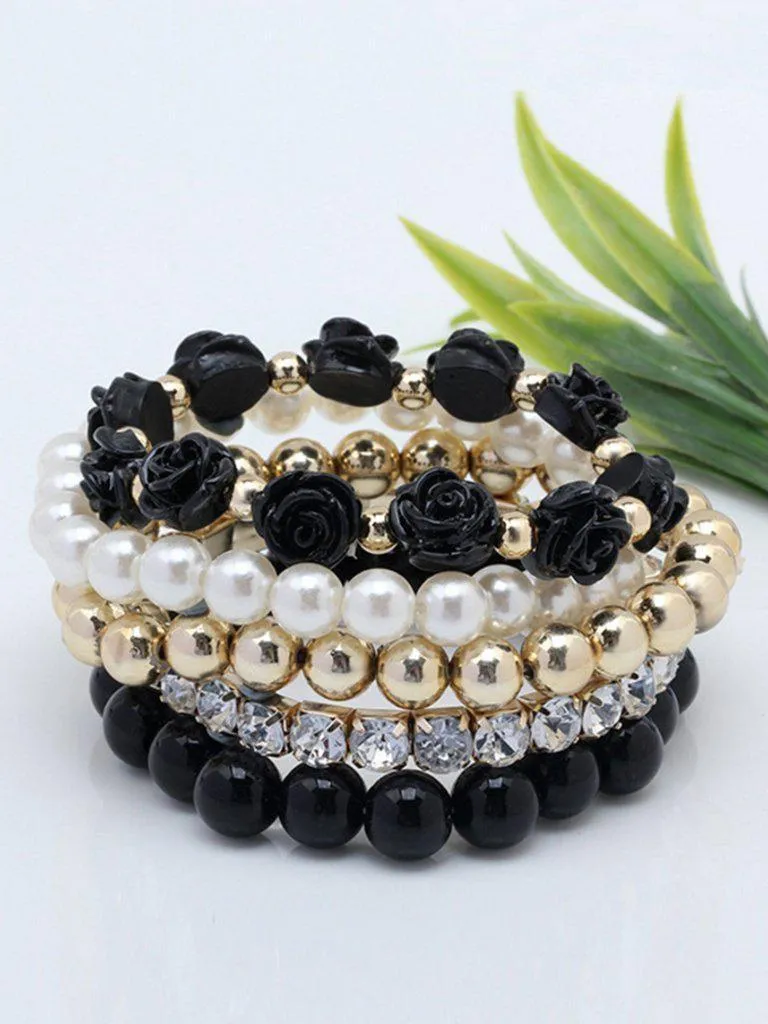 Rose Detail Rhinestone Beaded Bracelet Set 5pcs