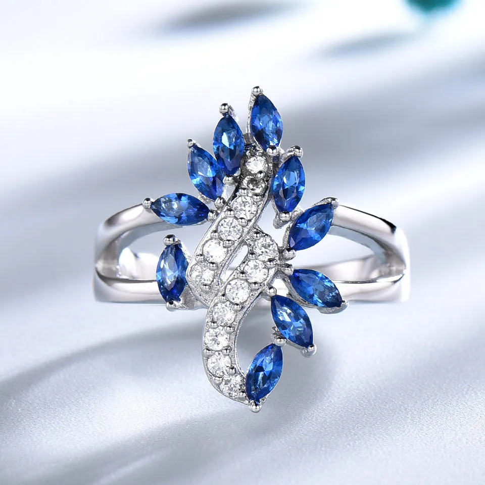 Sapphire Leaf Set With Diamond Pendant Earrings Ring 3 Piece Set