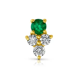 SINGLE EMERALD & DIAMOND CLUSTER FLAT BACK STUD, 14kt Gold