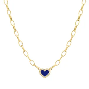 Small Edith Link Necklace with Lapis Inlay Heart with Diamonds