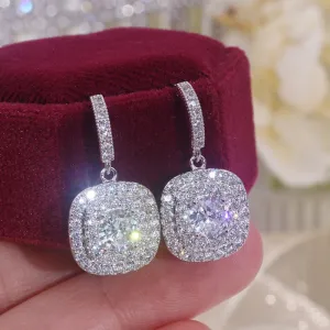 Square Shape Drop Earrings Shiny Cubic Zirconia Crystal Wedding Jewelry