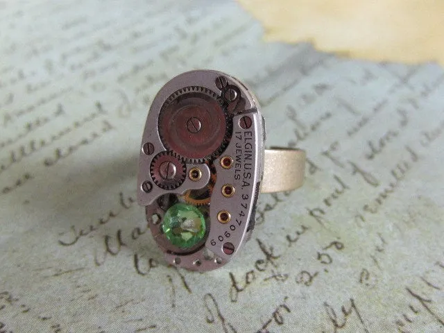 Steampunk Ring - Vintage Watch Movement Adjustable Filigree Ring - Peridot -Steampunk Jewelry by Steampunkjunq