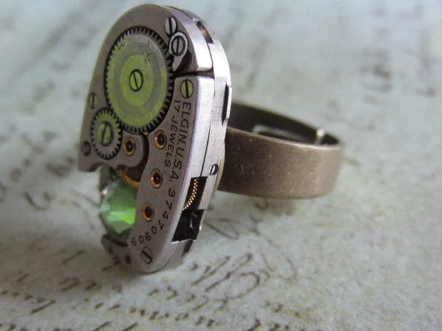 Steampunk Ring - Vintage Watch Movement Adjustable Filigree Ring - Peridot -Steampunk Jewelry by Steampunkjunq