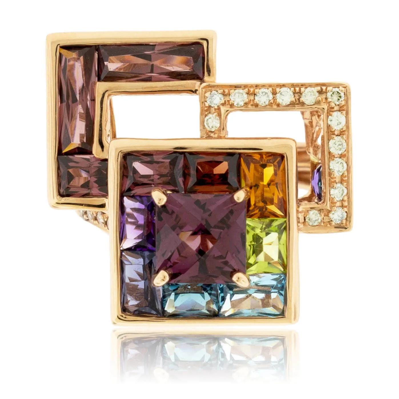 Step Cut Mixed Gemstone Rainbow Triple Square Ring