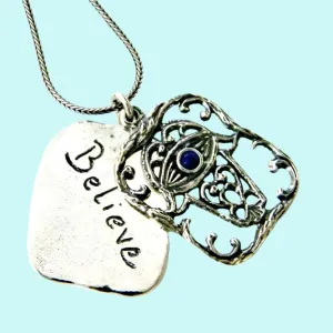 Sterling silver necklace bohemian design Israeli Believe Hamsa Pendants set lapis