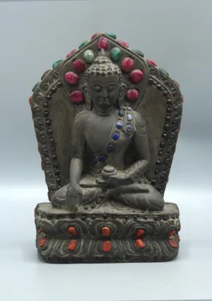 Stone Shakyamuni Buddha Statue with inlaid Ruby and Emerald