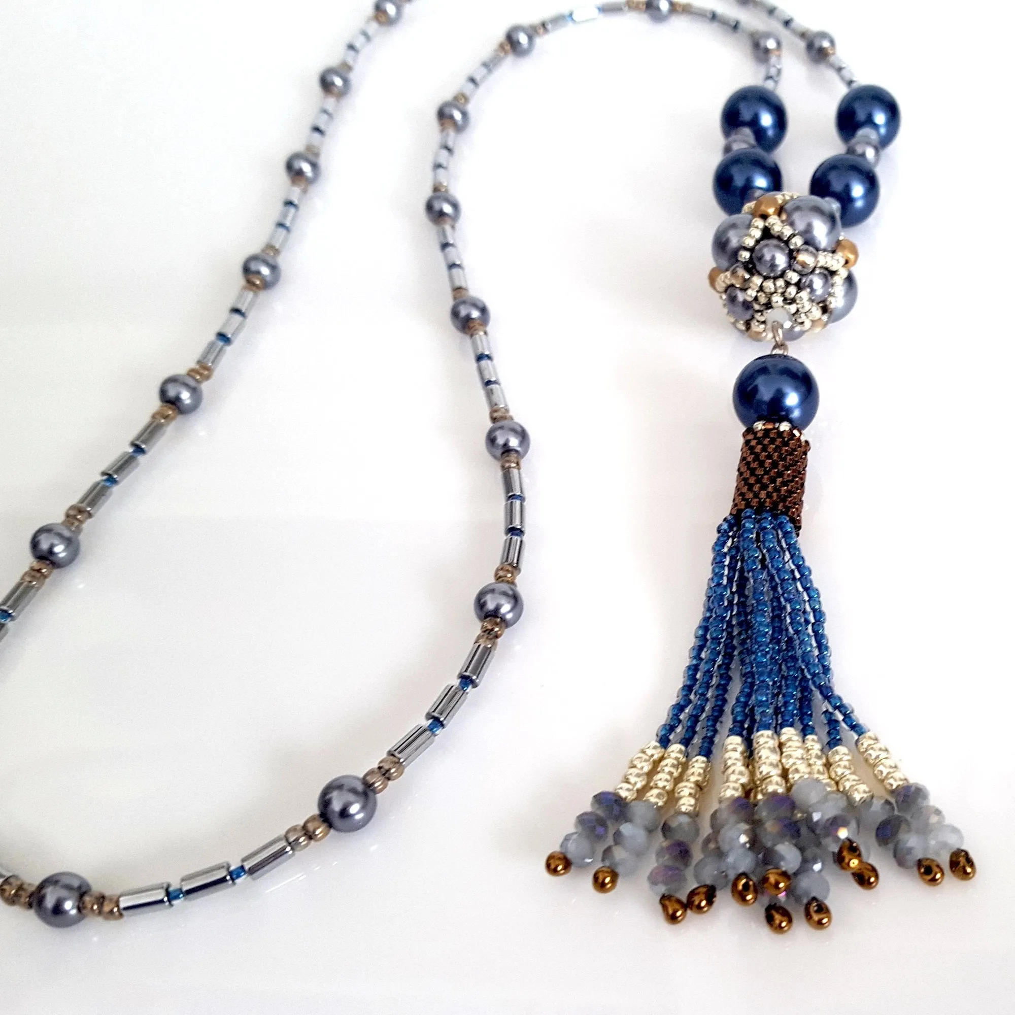 The Enchanted Ball Necklace - Blue Beaded Tassel Statement Necklace | (KJ-390N/BLU ) Artisan Necklace