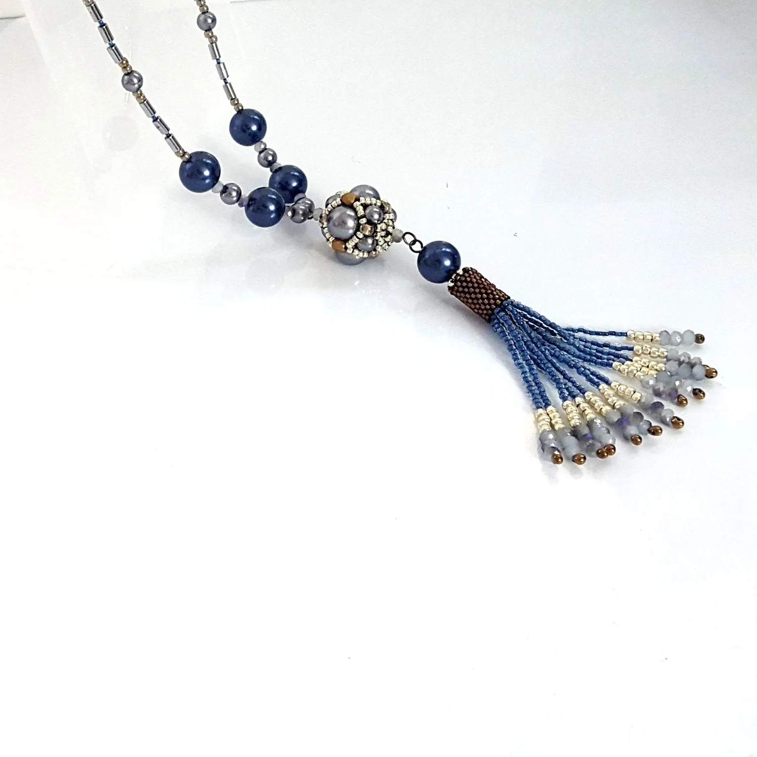 The Enchanted Ball Necklace - Blue Beaded Tassel Statement Necklace | (KJ-390N/BLU ) Artisan Necklace