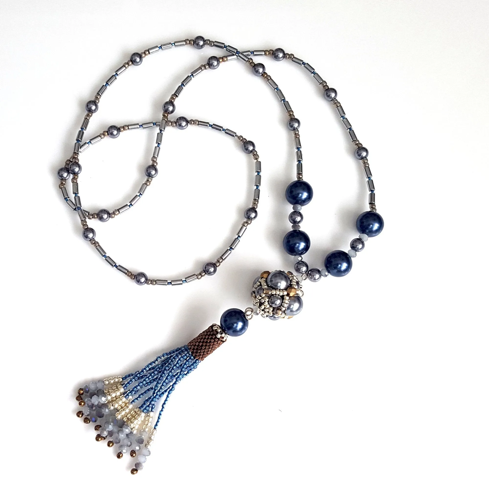 The Enchanted Ball Necklace - Blue Beaded Tassel Statement Necklace | (KJ-390N/BLU ) Artisan Necklace