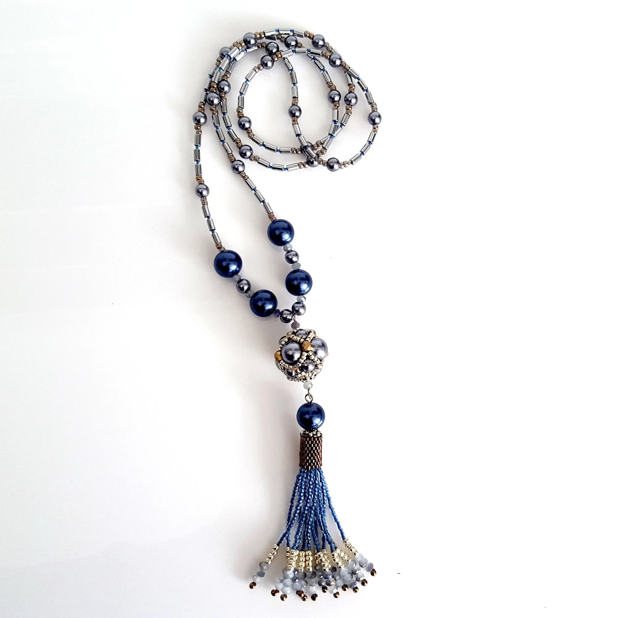 The Enchanted Ball Necklace - Blue Beaded Tassel Statement Necklace | (KJ-390N/BLU ) Artisan Necklace