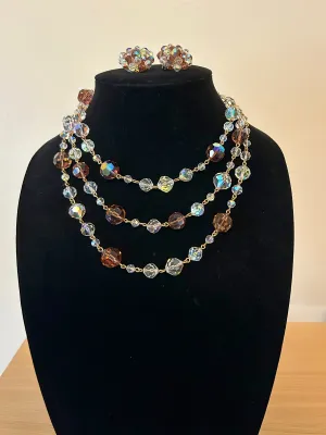 Vintage Marvella Three Strand Crystal Necklace and Earrings with Tags