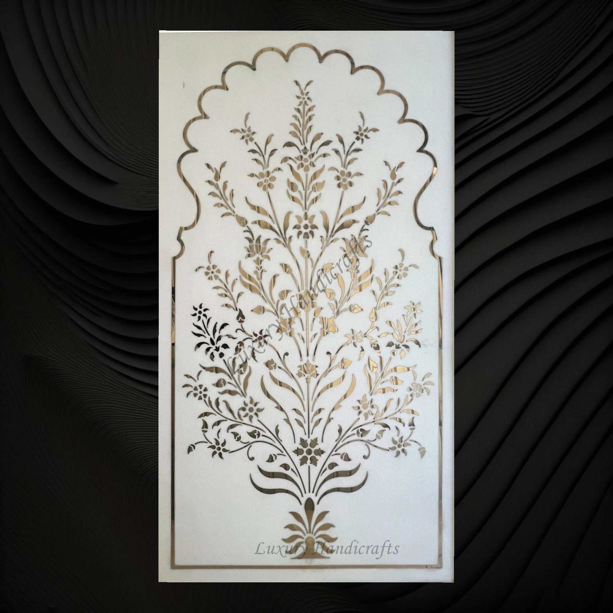 White Marble Brass Inlay Wall Panel Floral