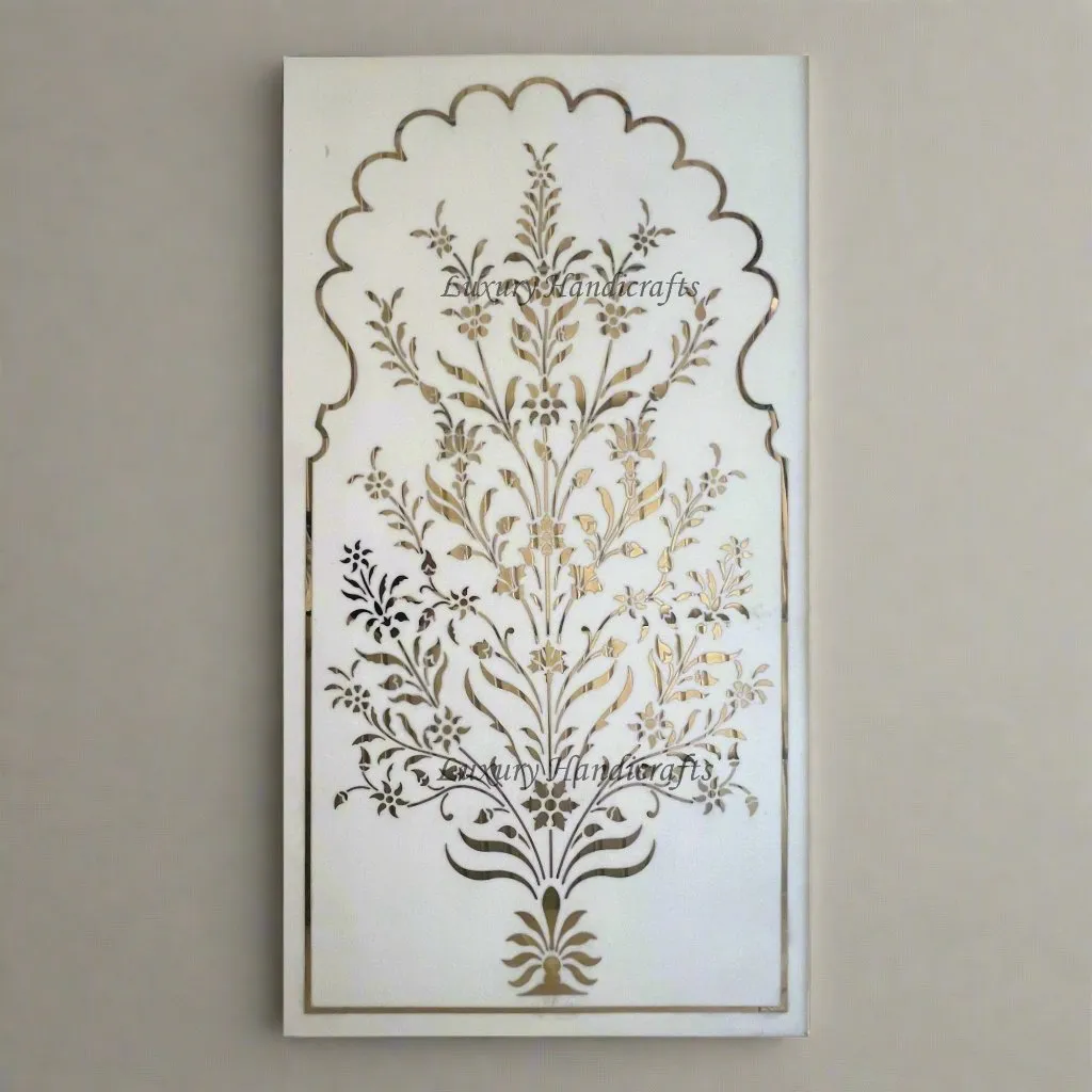 White Marble Brass Inlay Wall Panel Floral