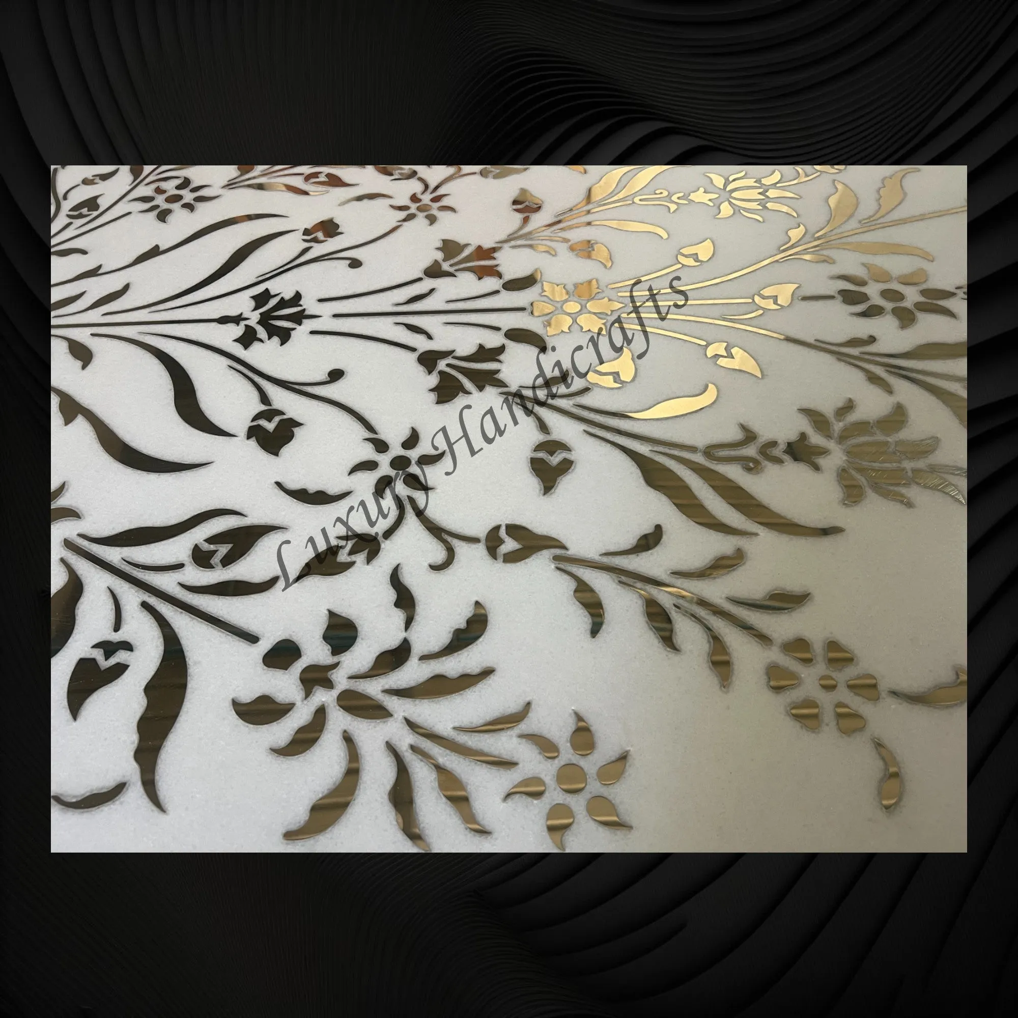 White Marble Brass Inlay Wall Panel Floral