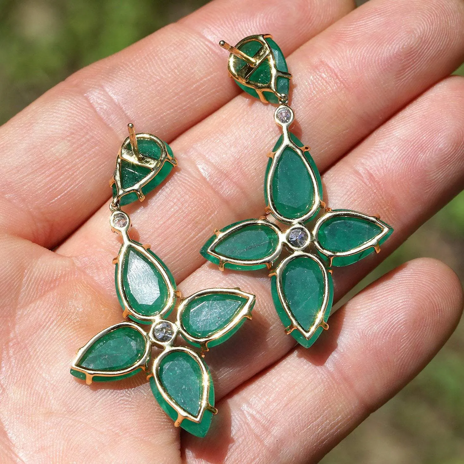 Zambian Emerald Star Drop Earrings 18K Yellow Gold 25.50ctw