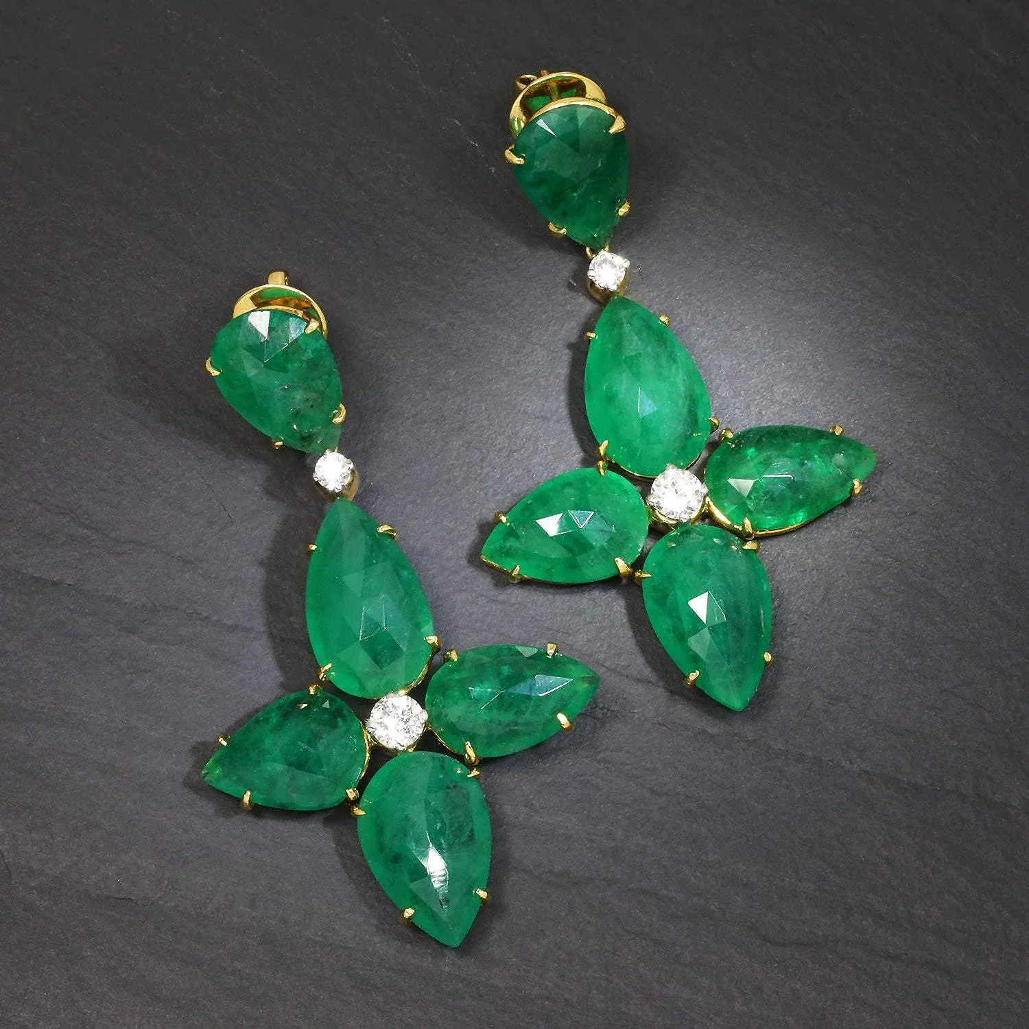 Zambian Emerald Star Drop Earrings 18K Yellow Gold 25.50ctw