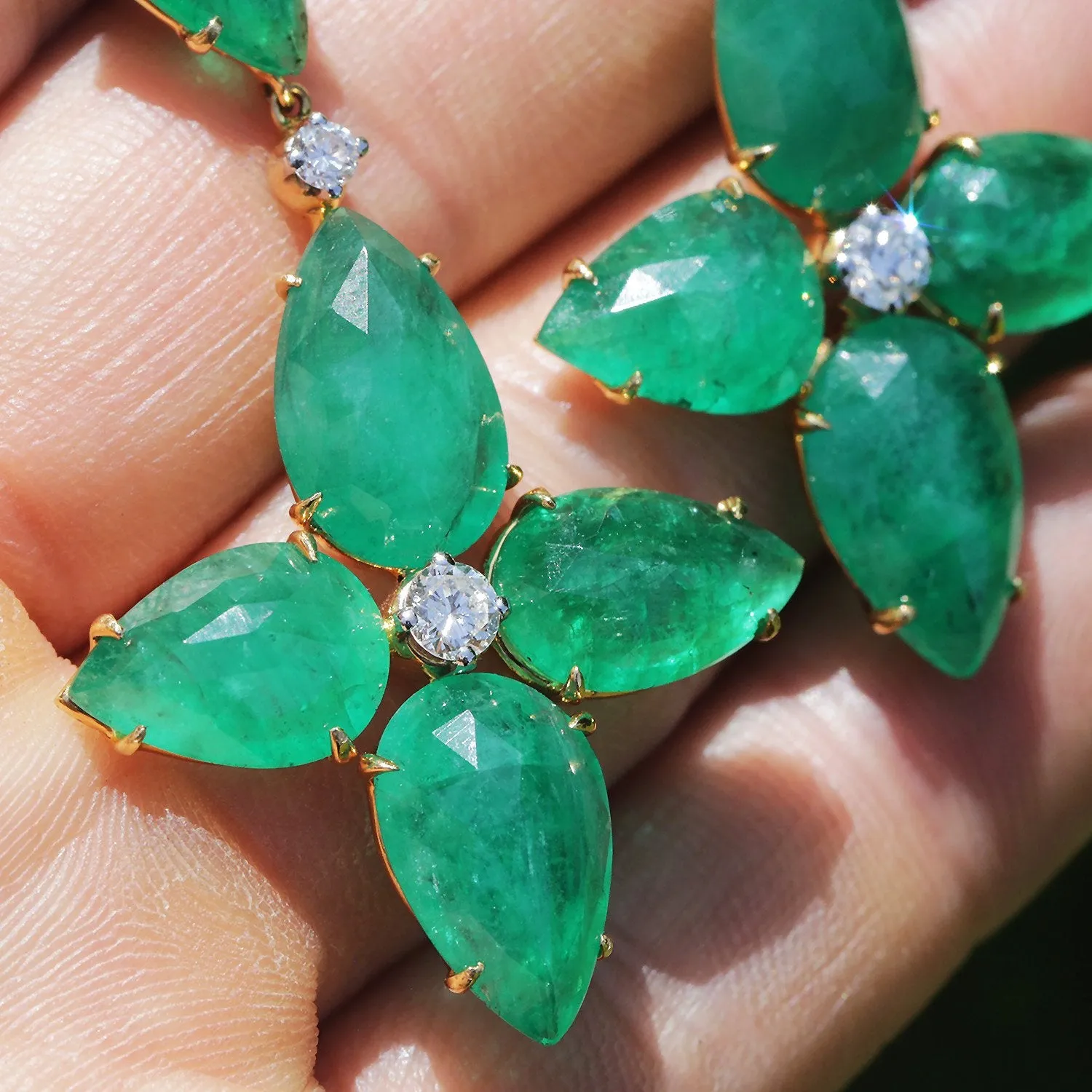 Zambian Emerald Star Drop Earrings 18K Yellow Gold 25.50ctw